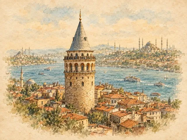 Postcard: Istanbul, the Galata Tower above the Bosphorus